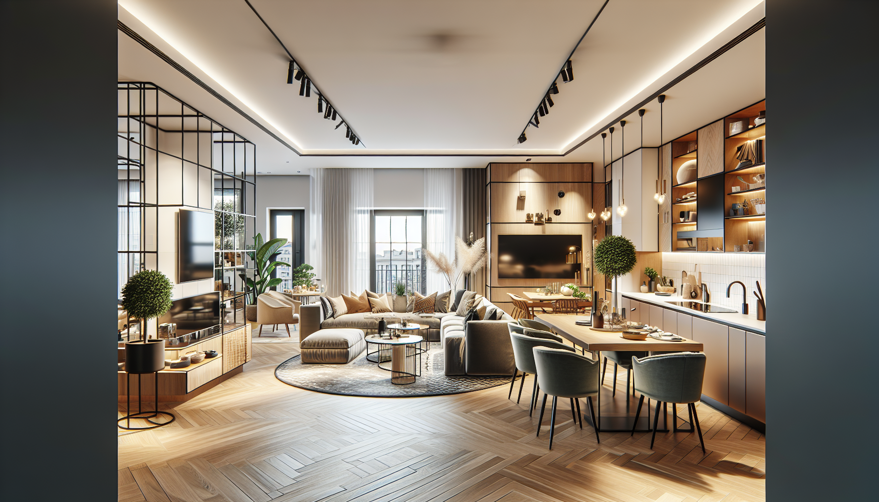 Modern, open-concept Polish apartment after complete renovation showing seamless flow between kitchen, dining and living areas. Premium finishes, custom lighting, and elegant design elements.