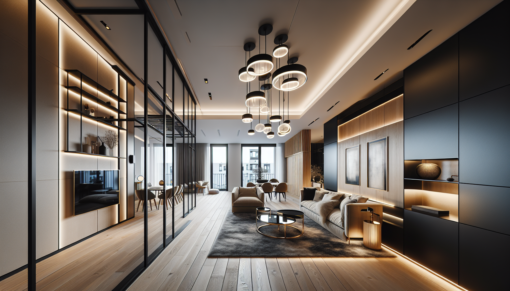 Custom lighting design in a renovated Polish apartment, showing professional installation of recessed lights, pendant fixtures, and architectural lighting features. Creating ambiance with precision. No text, no words, no letters, clean image, text-free, visual only. Style: Premium architectural photography