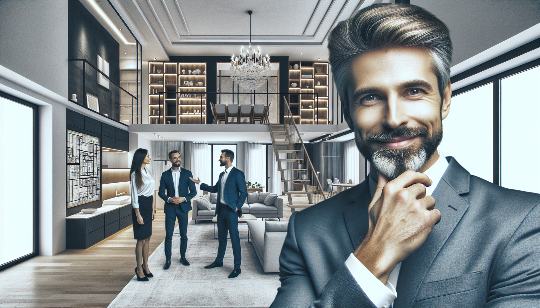 Client meeting with renovation team in a finished Polish apartment project. Satisfied homeowner being shown completed premium renovation by professional team. Successful project handover moment. No text, no words, no letters, clean image, text-free, visual only. Style: Premium architectural photography