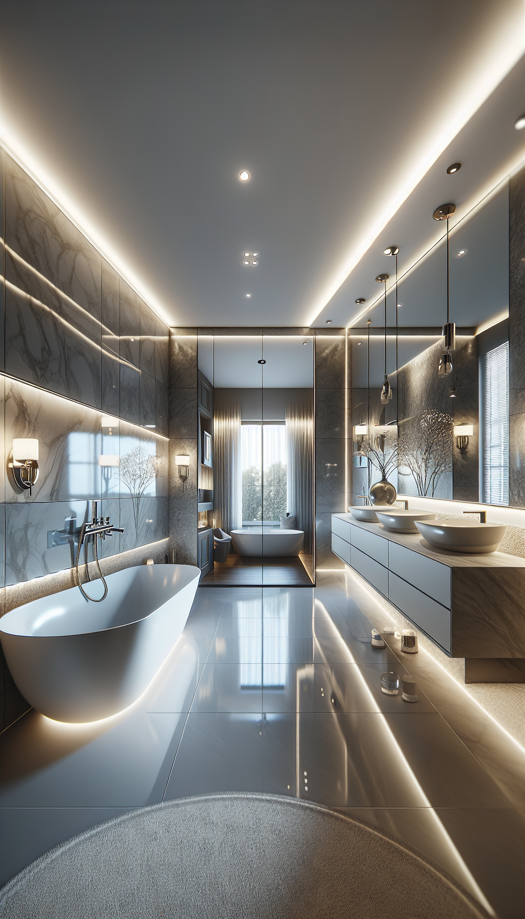 Luxurious bathroom renovation featuring freestanding bathtub, premium fixtures, custom lighting, and high-end tile work. Elegant, spa-like atmosphere in a Polish home. No text, no words, no letters, clean image, text-free, visual only. Style: Premium architectural photography